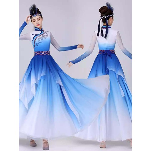 Blue Mongolian dance Dresses  for women girls chinese folk dance costumes Mongolia Dance long skirt Adult art examination performance wear for female